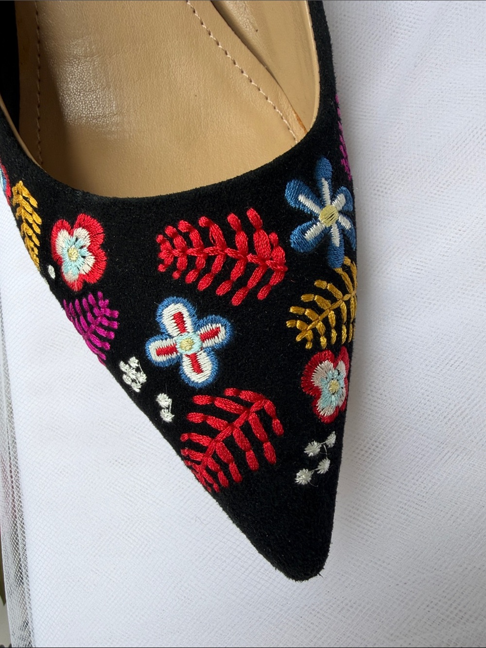 Embroidered Pointed-Toe Heels in Black with Multicolor Floral Motifs